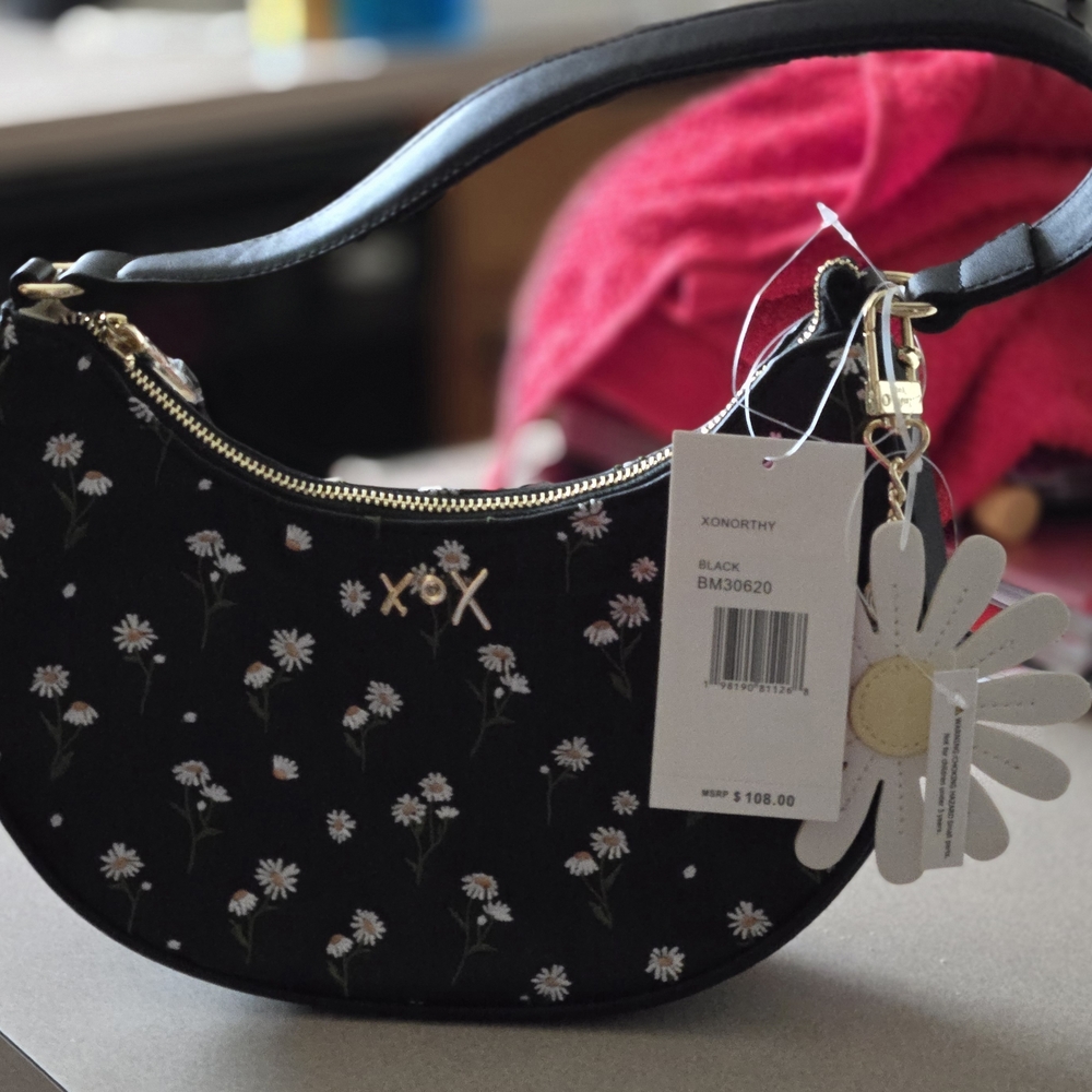 Betsey Johnson Black Daisy Print Shoulder Bag with Flower Charm